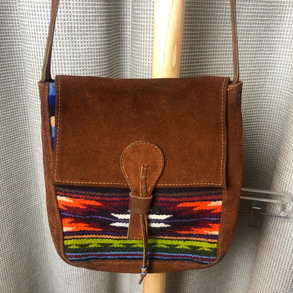 Brown Suede Crossbody Bag with Multicolor Pattern